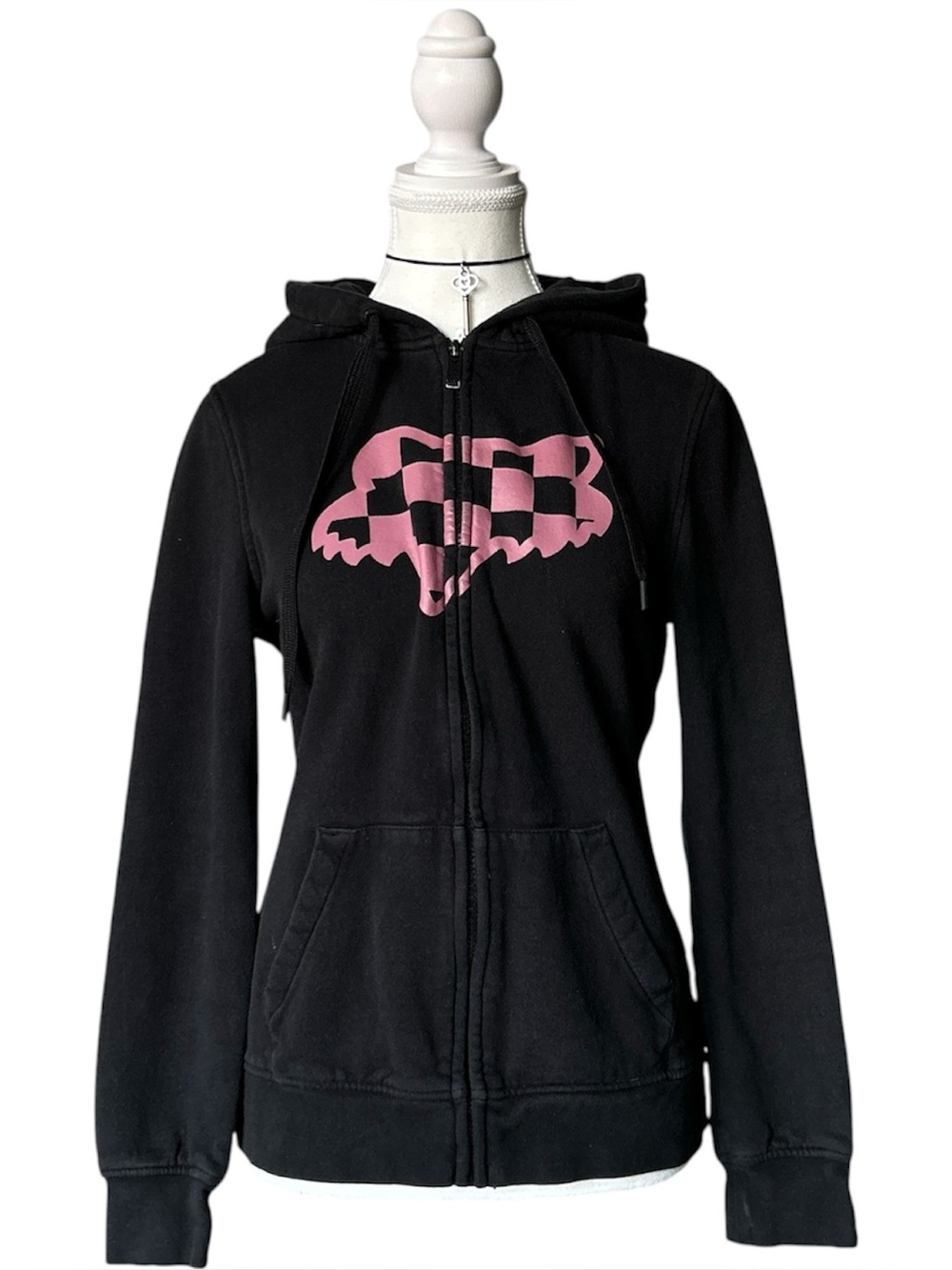 Y2K Grunge “Fox Racing” Black and Pink Graphic Logo Zip-up Hoodie